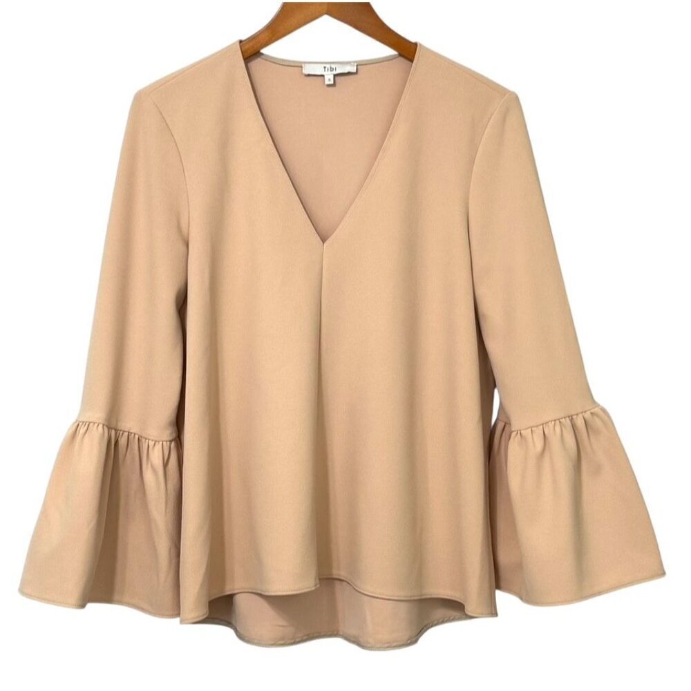 Tibi V-Neck Blouse Long Bell Sleeves Neutral Beige Crepe Modern Top Flowy Size S - Picture 9 of 9